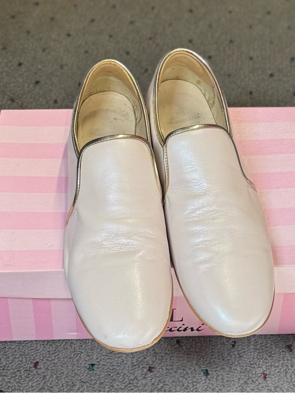 Baby Pink Leather Slip-On Loafers with Gold Trim